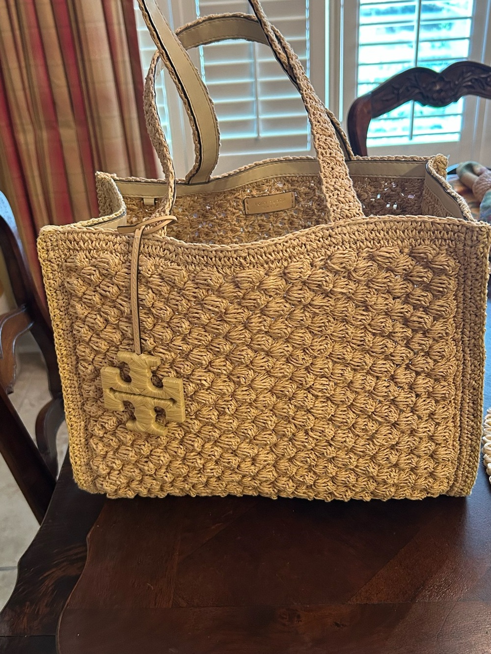 Tory Burch Small. Raffia -Crocheted Popcorn Tote in Natural Beige - Picture 2 of 12